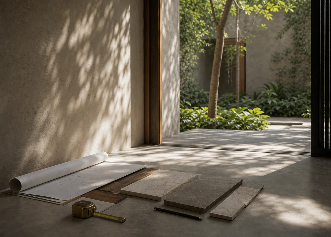 Courtyard shadows, stone samples, a rolled plan, and a measuring tape inside an in-progress residence.
