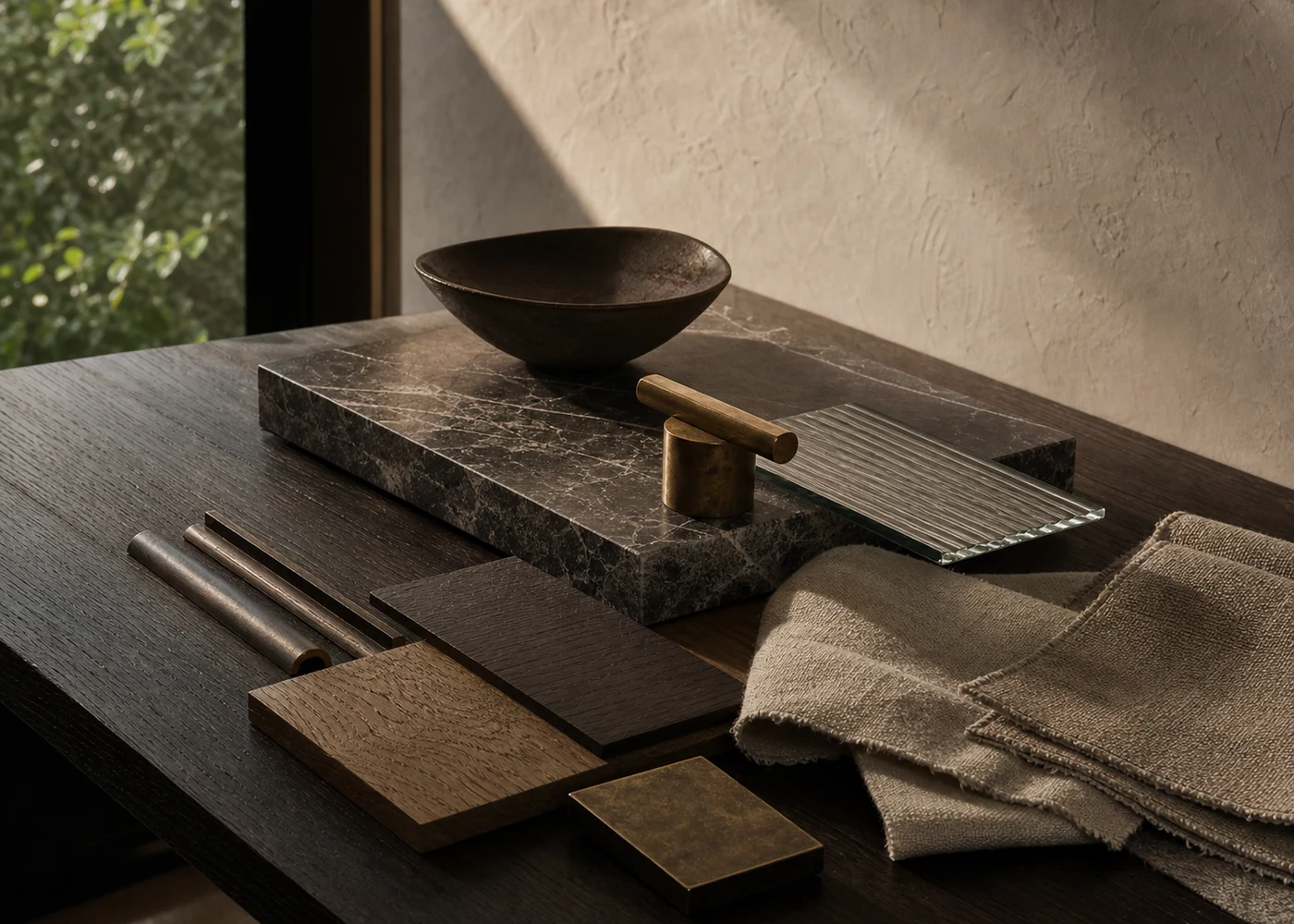 Veined stone, smoked oak, linen, aged brass, and fluted glass samples on a studio table.