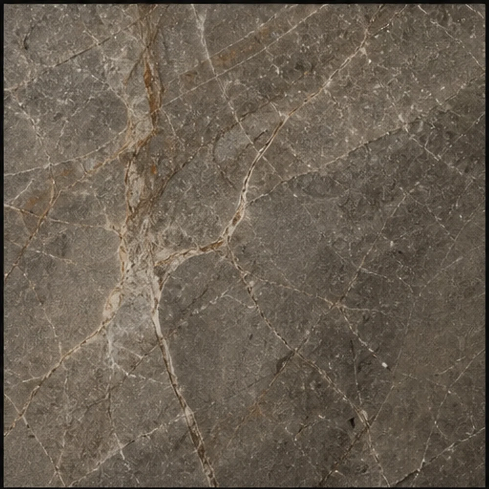 Photorealistic close view of honed warm grey veined stone with natural mineral movement.