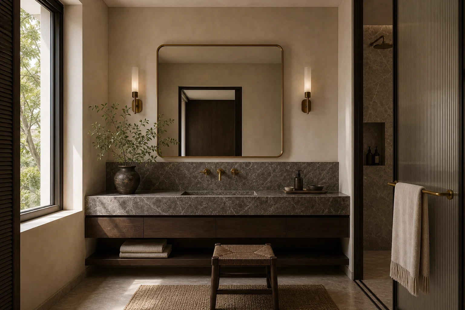 Bathroom vanity with veined stone, smoked oak drawers, lime plaster walls, aged brass fixtures, and woven stool.