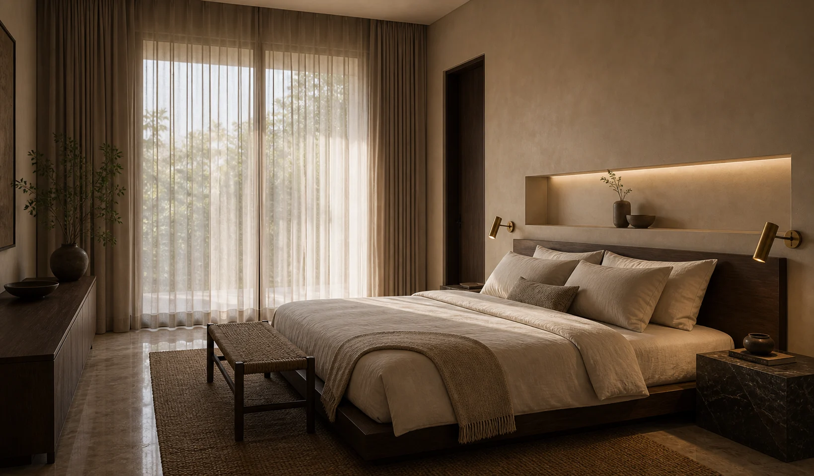 Primary bedroom with low oak bed, linen bedding, plaster headboard wall, and veined stone bedside table.