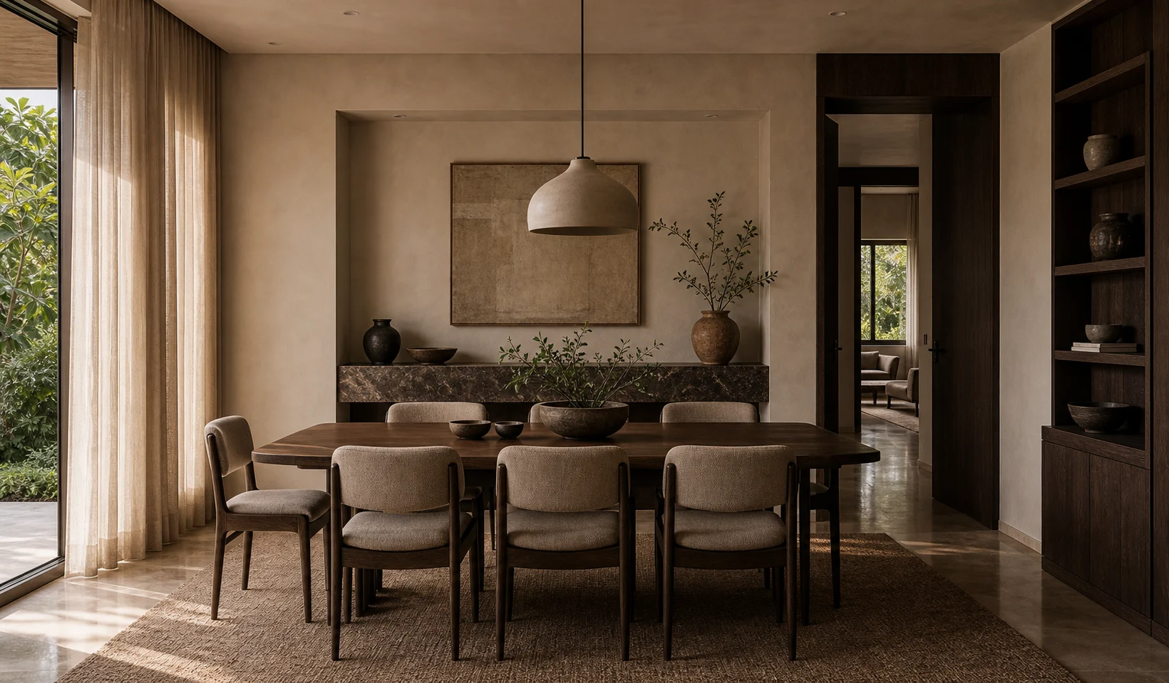 Dining room with oak table, linen upholstered chairs, lime plaster niche wall, and veined stone console.