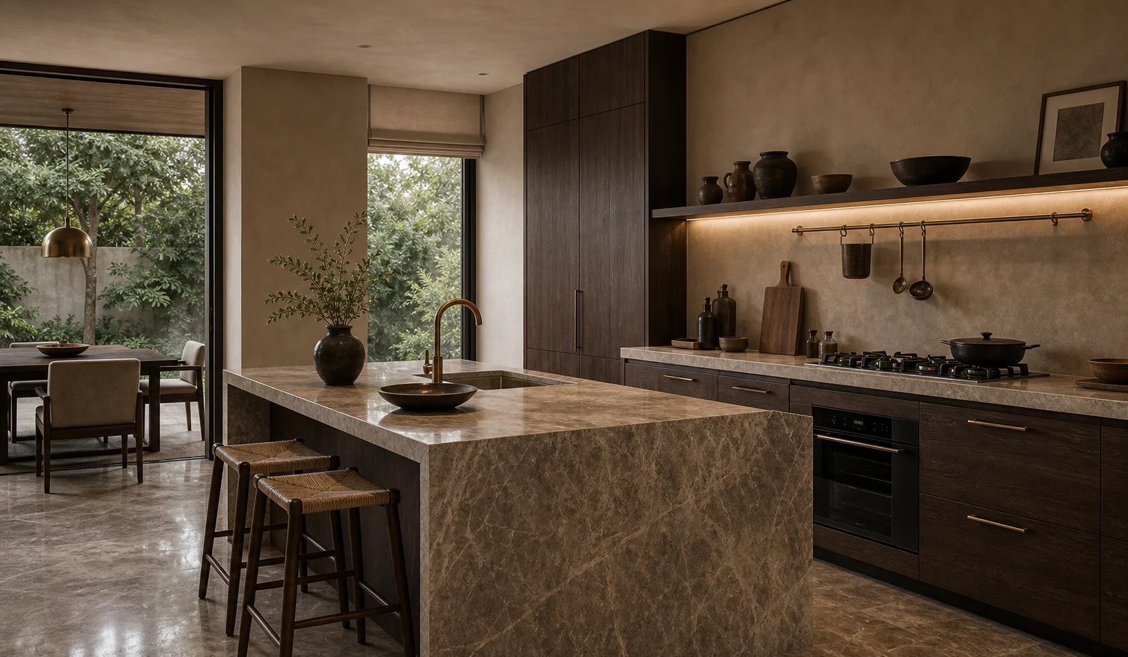 Kitchen with smoked oak cabinets, lime plaster backsplash, veined stone counter, woven stools, and brass handles.