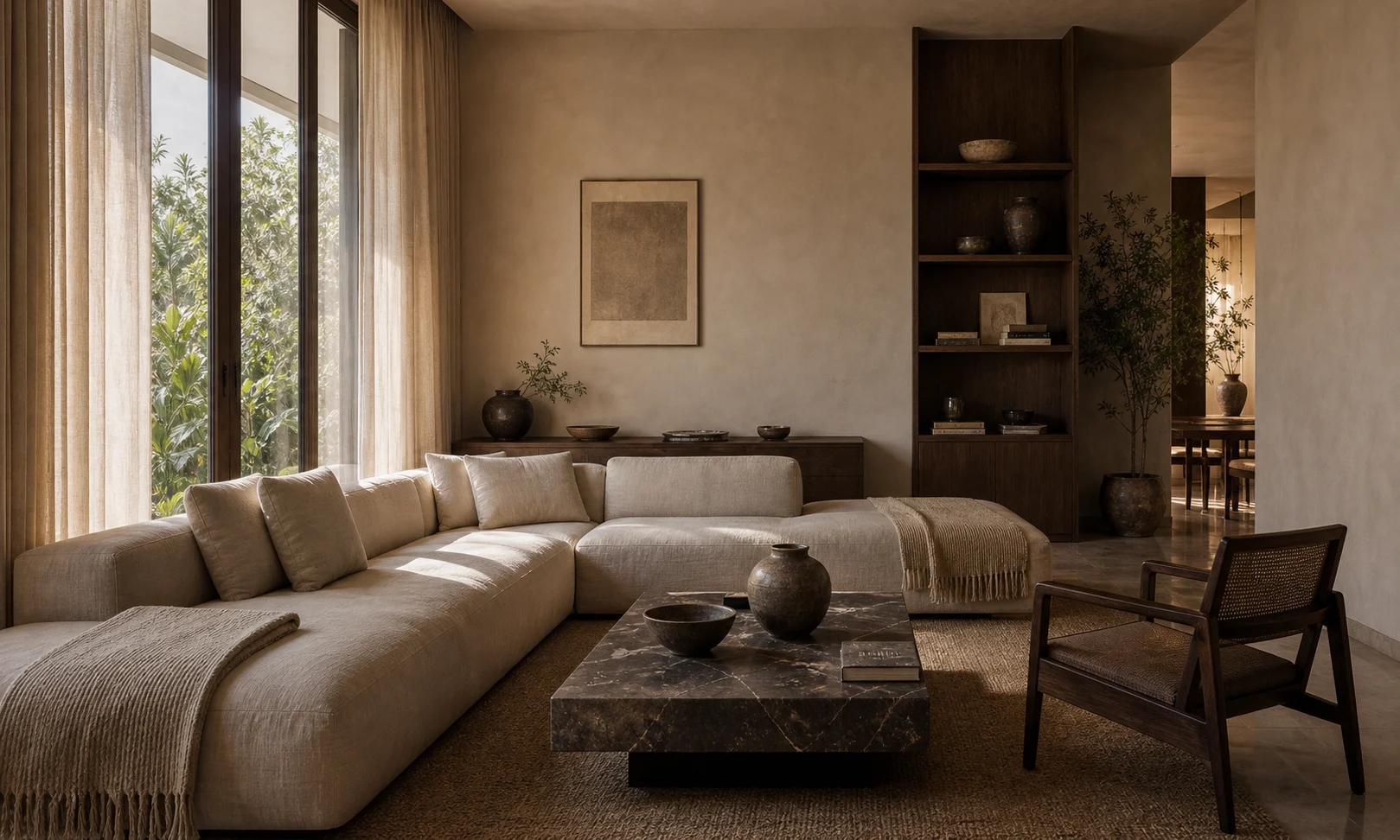 Private residence lounge with low linen sofa, smoked oak shelving, plaster walls, veined stone table, and woven rug.