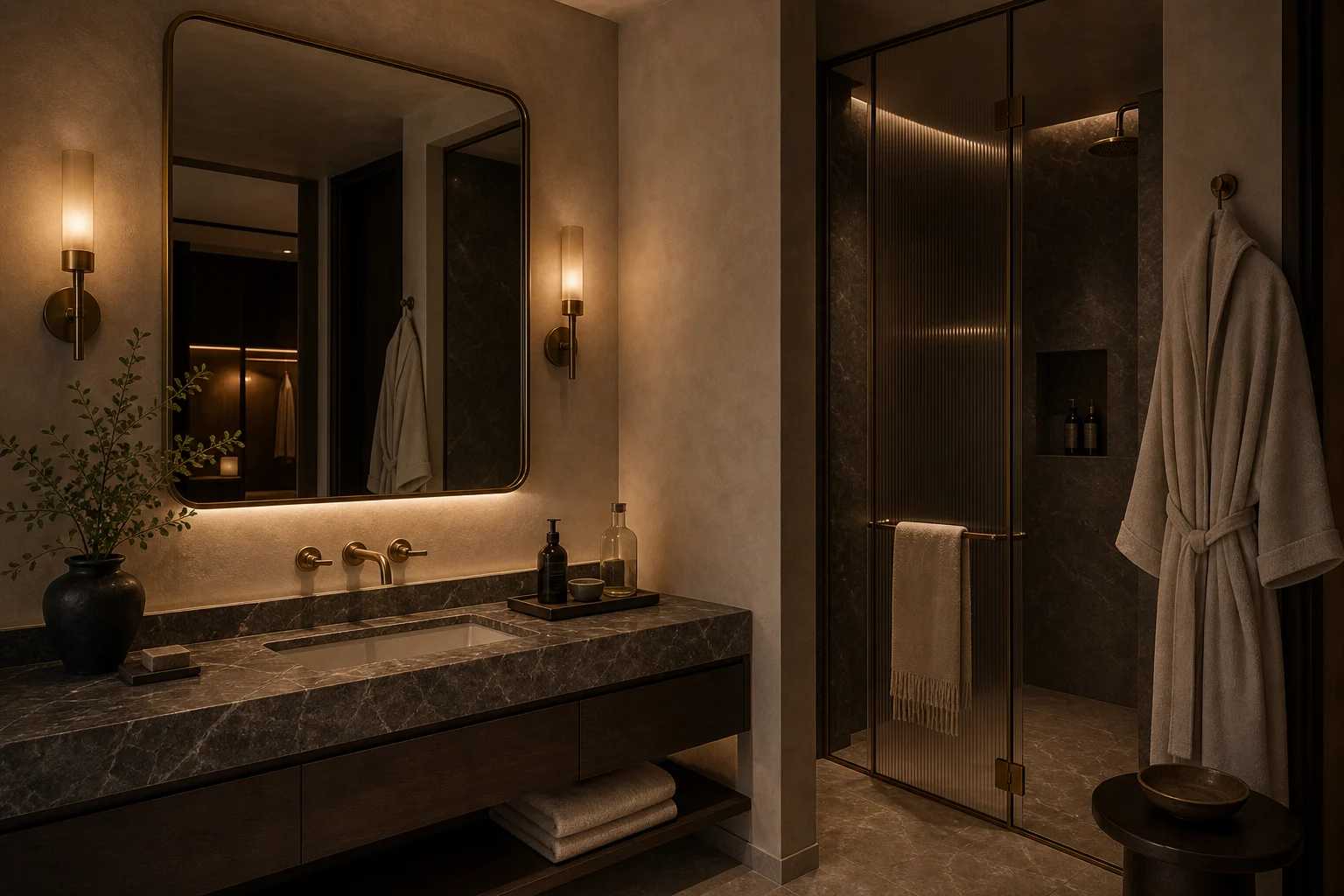 Suite vanity with brass-framed mirror, veined stone counter, lime plaster walls, aged brass fixtures, and fluted glass.