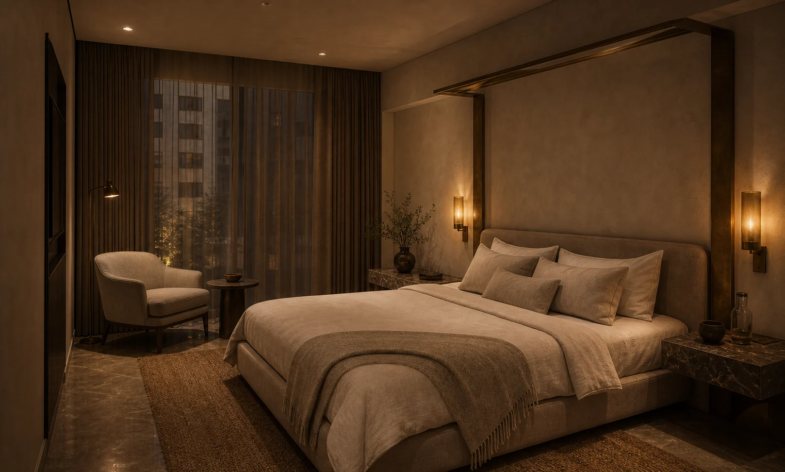 Boutique suite bedroom with low upholstered bed, plaster wall, aged brass canopy detail, stone slabs, and amber light.