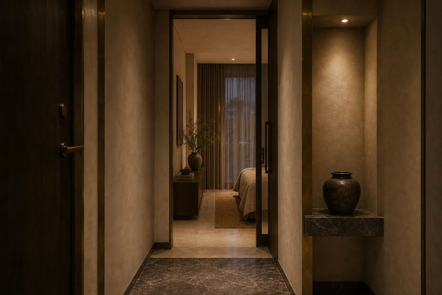Suite entry corridor with lime plaster, brass trim, stone threshold, console niche, and warm wall washer.