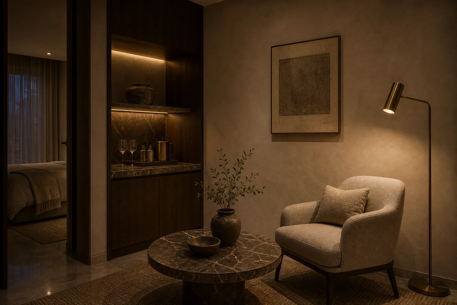 Hospitality lounge corner with linen chair, low veined stone table, plaster wall, brass floor lamp, and bar niche.
