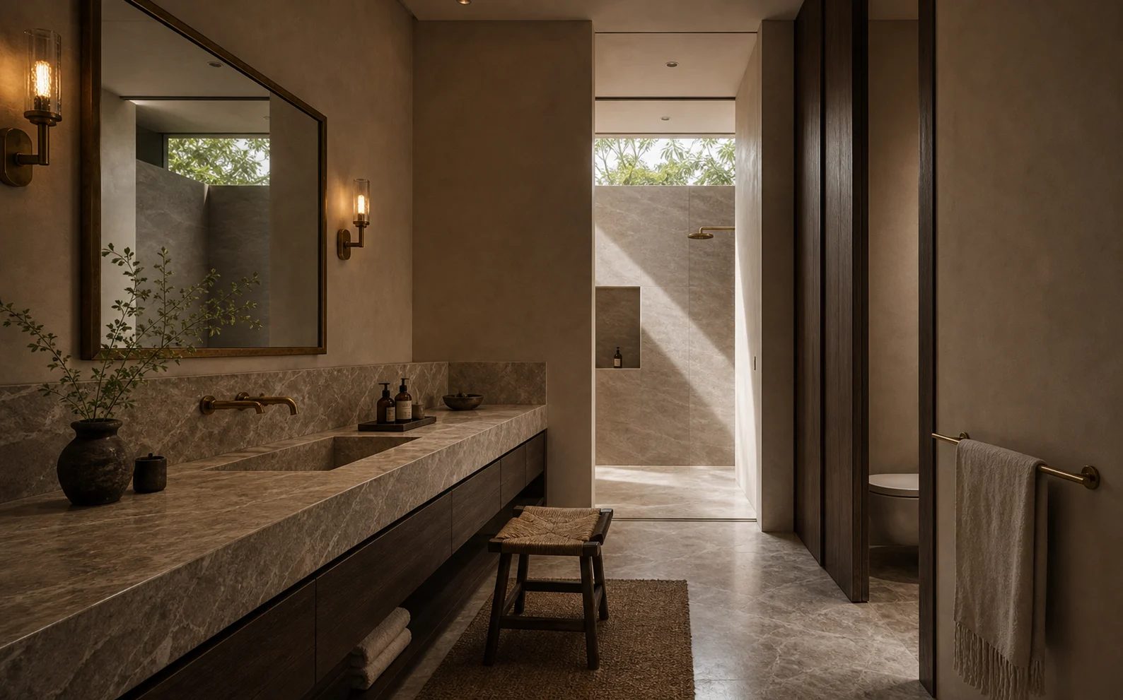 Bathroom vanity with veined stone, smoked oak drawers, lime plaster walls, and aged brass fixtures.