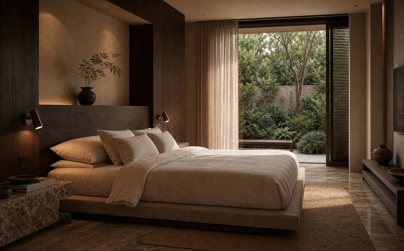 Primary bedroom with low linen bed, smoked oak headboard wall, plaster niche, and courtyard-facing curtains.