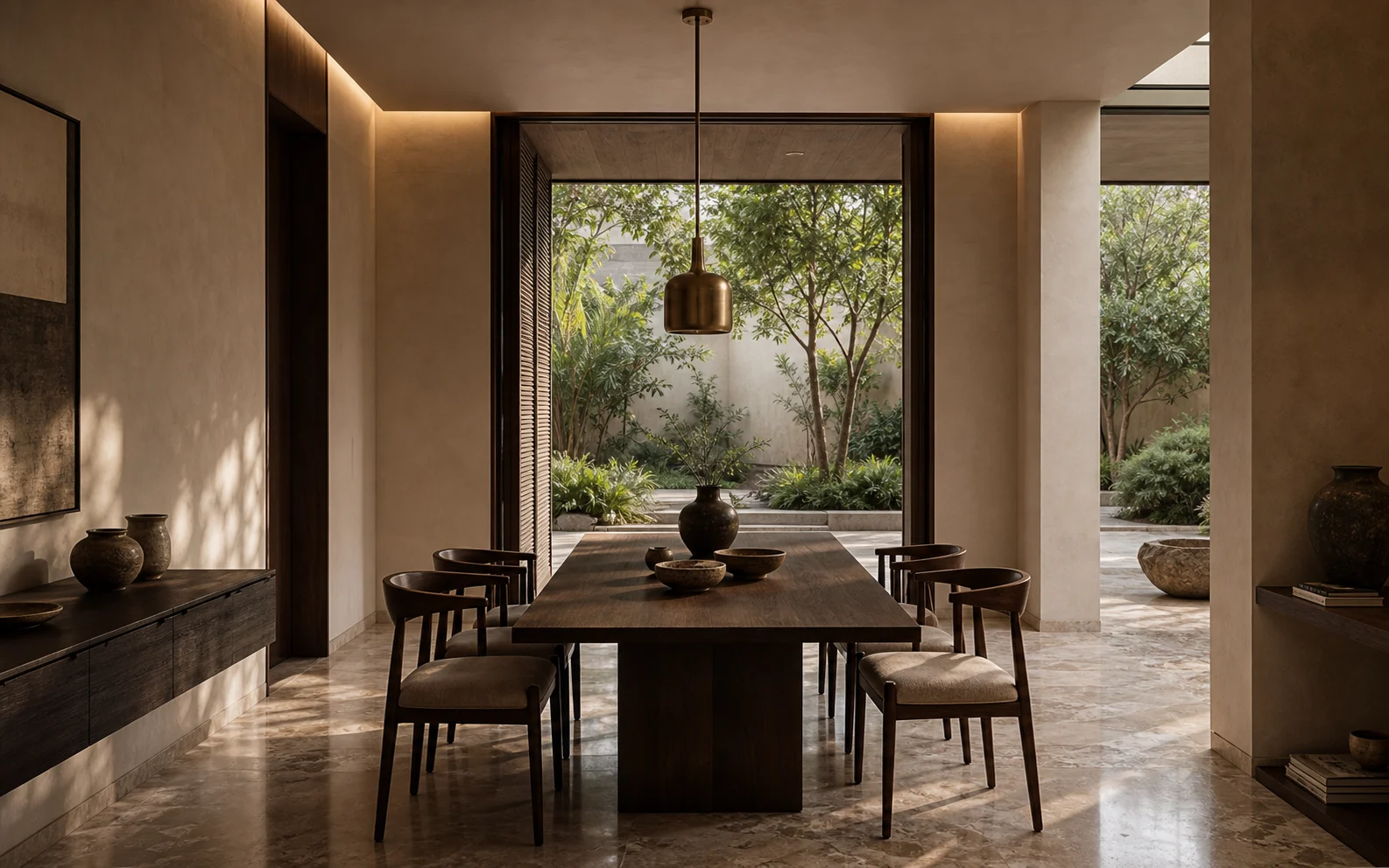 Dining room with smoked oak table, linen chairs, veined stone flooring, and courtyard garden light.