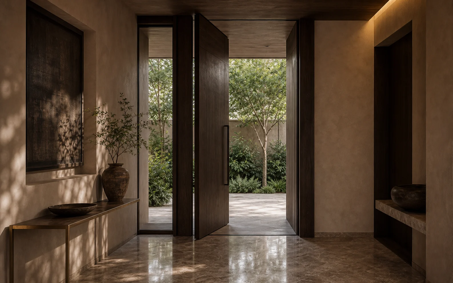 Entry foyer with smoked oak pivot door, veined stone floor, brass console, and courtyard threshold.