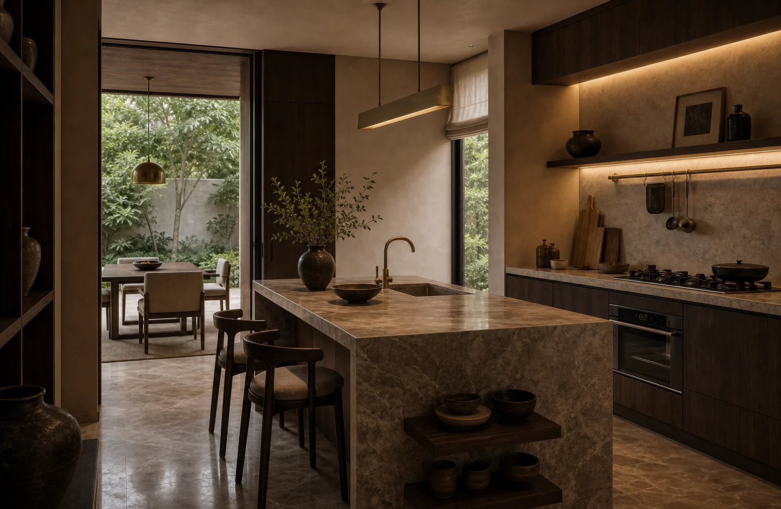 Kitchen with smoked oak cabinetry, veined stone island, lime plaster backsplash, and brass details.
