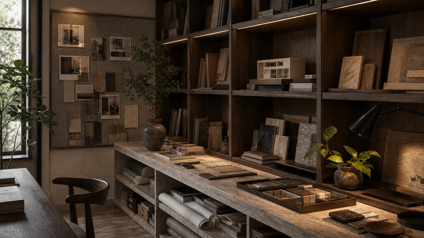 Material library with smoked teak shelves, travertine sample ledges, linen pin boards, and organized project trays.