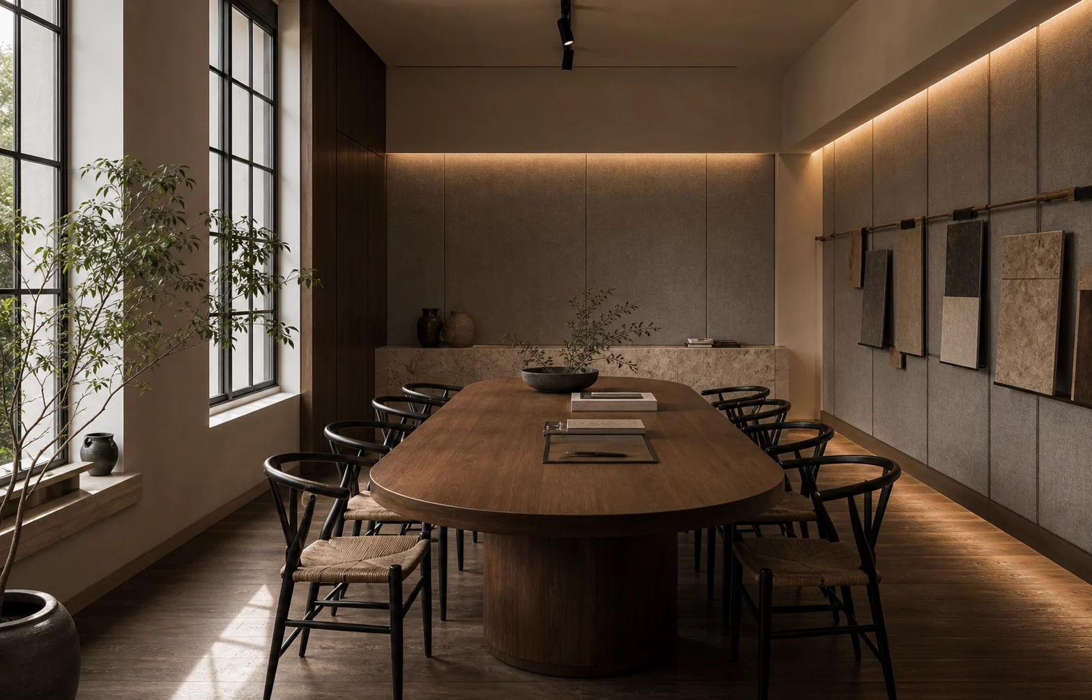Meeting room with oval teak table, linen acoustic wall panels, travertine credenza, and woven chairs.