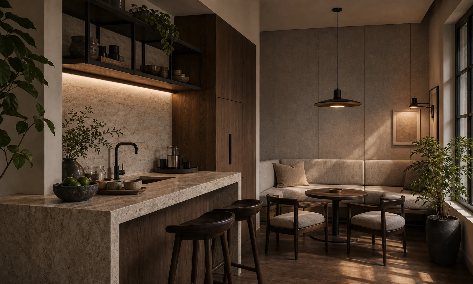Pantry lounge with travertine counter, teak storage, linen banquette, black shelving, and indoor plants.