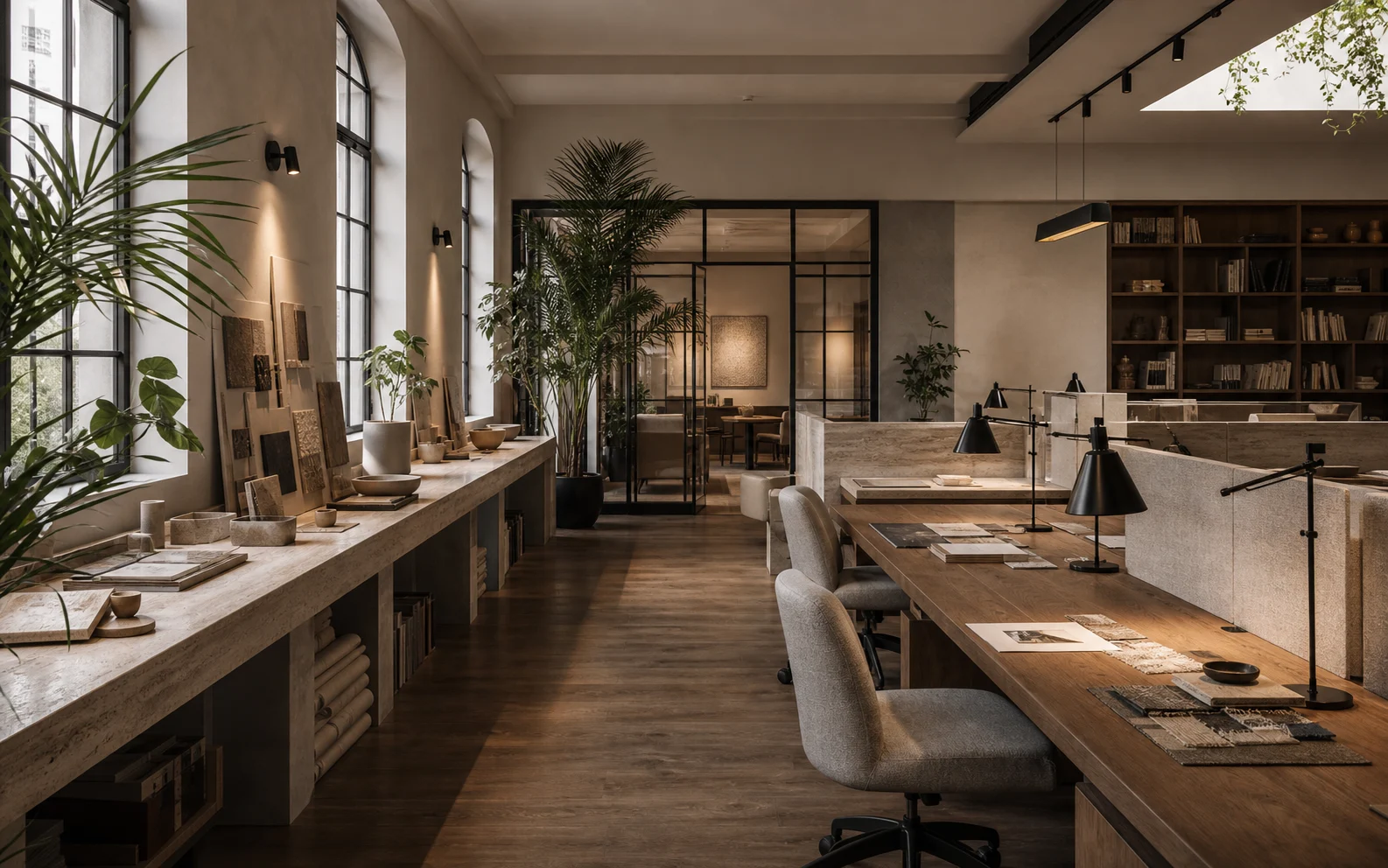 Open creative workspace with long teak worktables, linen acoustic dividers, travertine ledges, and indoor plants.