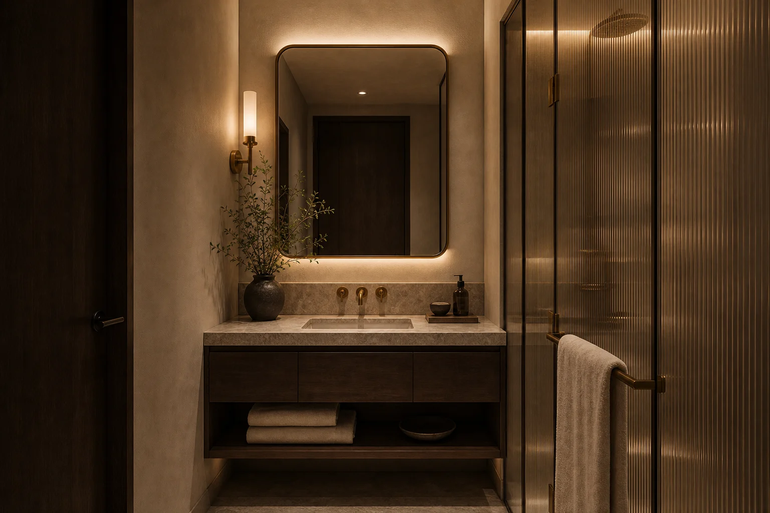 Compact bathroom vanity with smoked oak, lime plaster, aged brass fixtures, stone counter, and fluted glass.