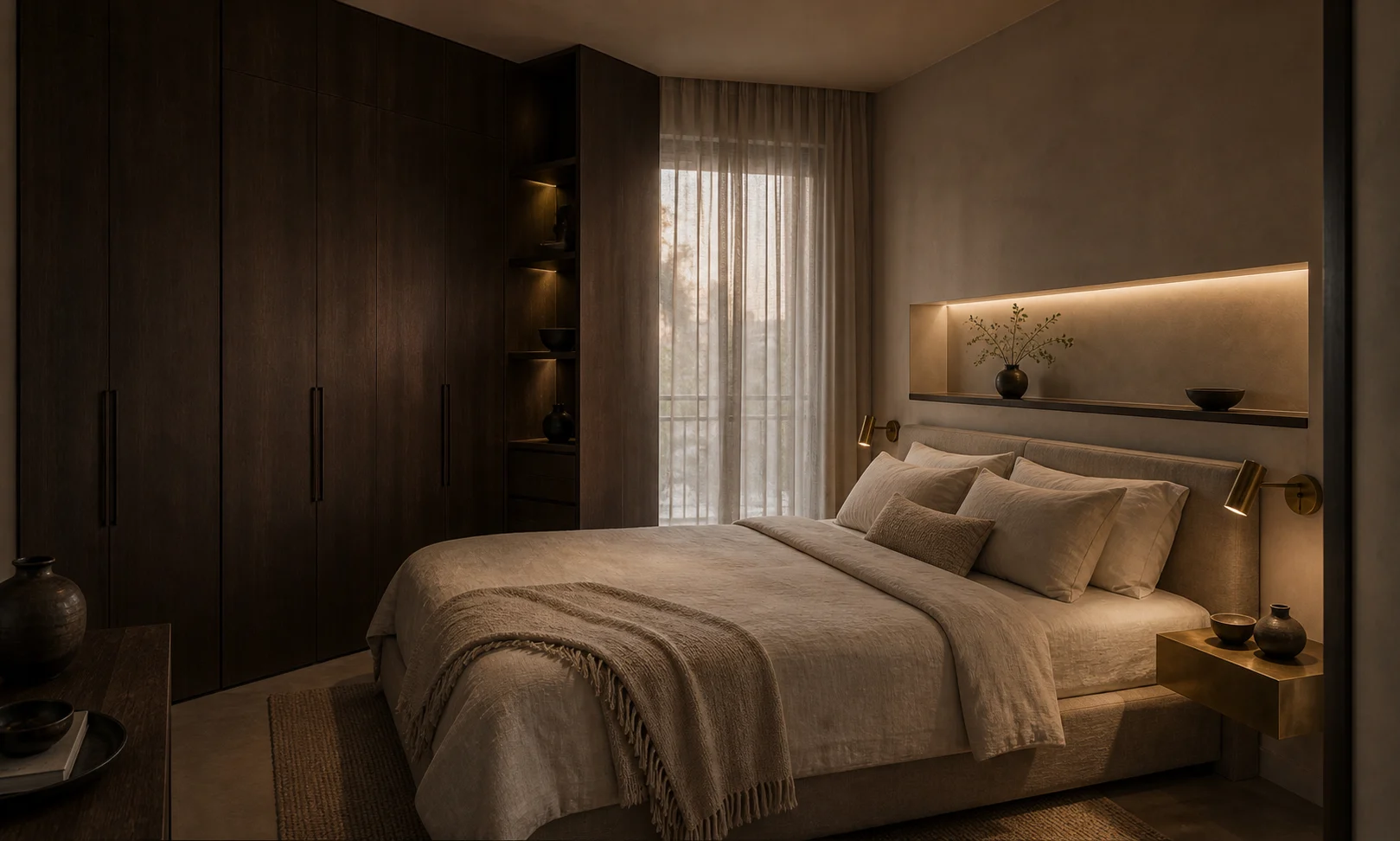 Compact bedroom with smoked oak wardrobe wall, linen bedding, aged brass shelf, and plaster headboard niche.
