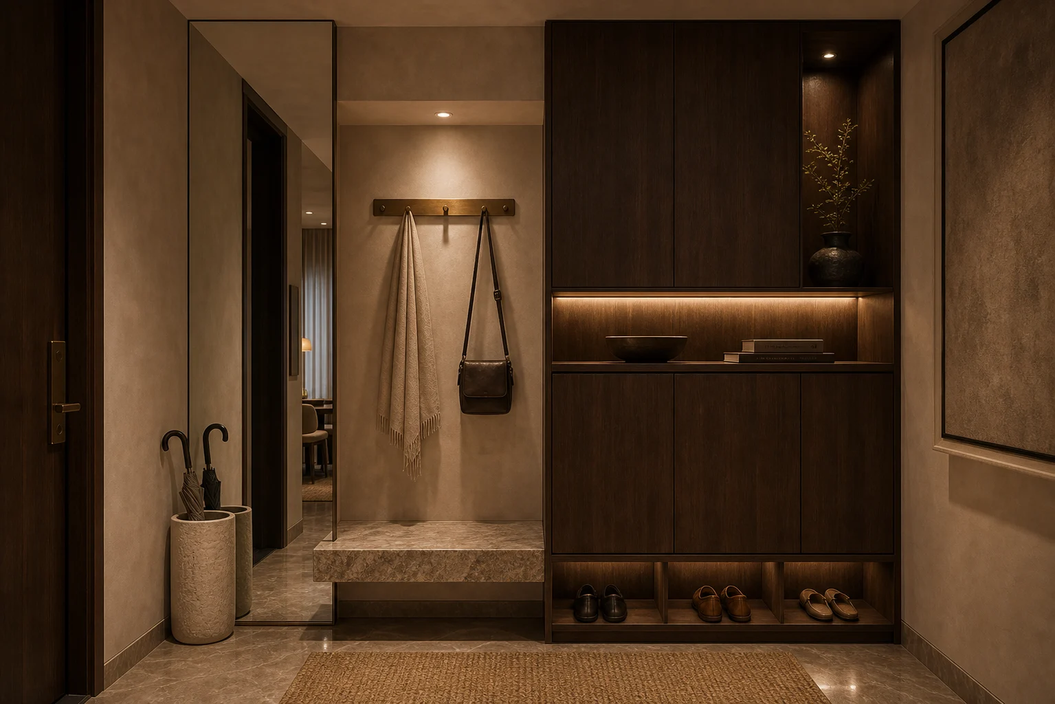 Apartment entry with smoked oak storage wall, lime plaster niche, brass hooks, stone bench, and mirror depth.