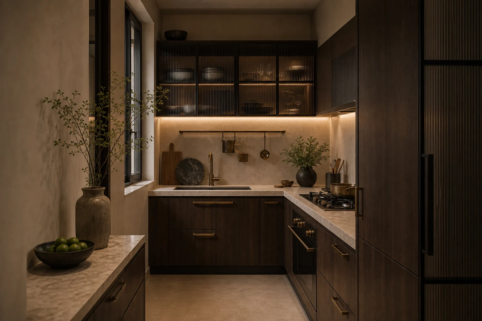 Compact galley kitchen with smoked oak cabinets, lime plaster backsplash, brass rail, and fluted glass uppers.