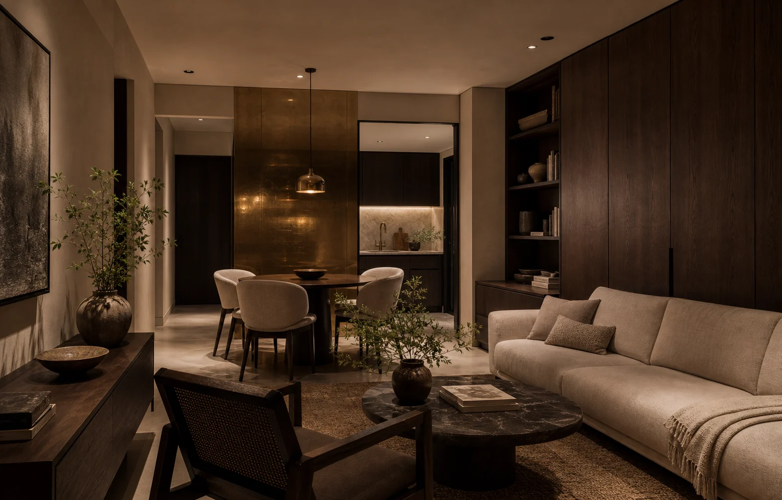 Compact living and dining room with smoked oak storage, linen sofa, aged brass panel, and warm indirect light.